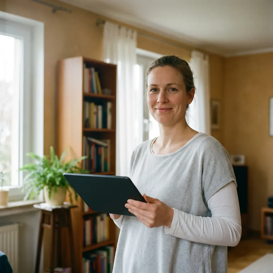 Pflegefachkraft mit Tablet in häuslicher Umgebung